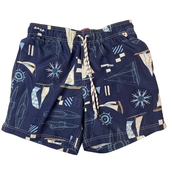 Land's End Men's Elastic Waist Swim Trunks M 32-34 Navy Blue Sailboat Polyester - Picture 1 of 6